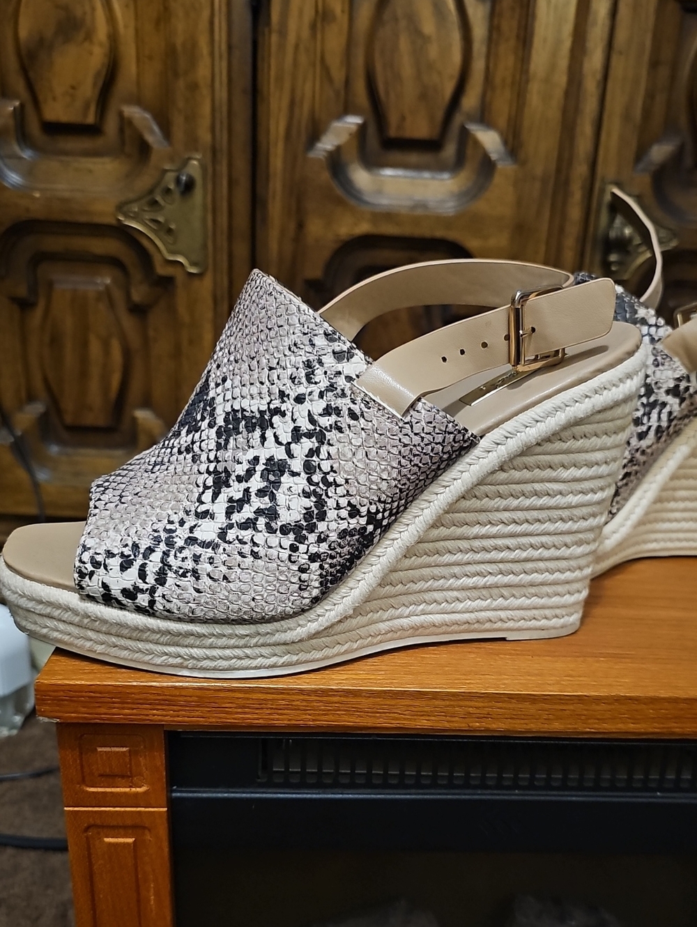Wedge Espadrille Sandals in Snake Print and Beige